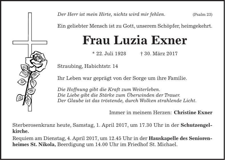 Traueranzeige Luzia Exner