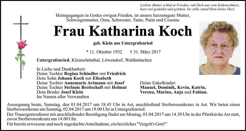 Traueranzeige Katharina Koch