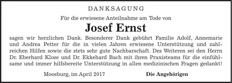Traueranzeige Josef Ernst
