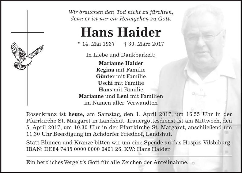 Traueranzeige Hans Haider
