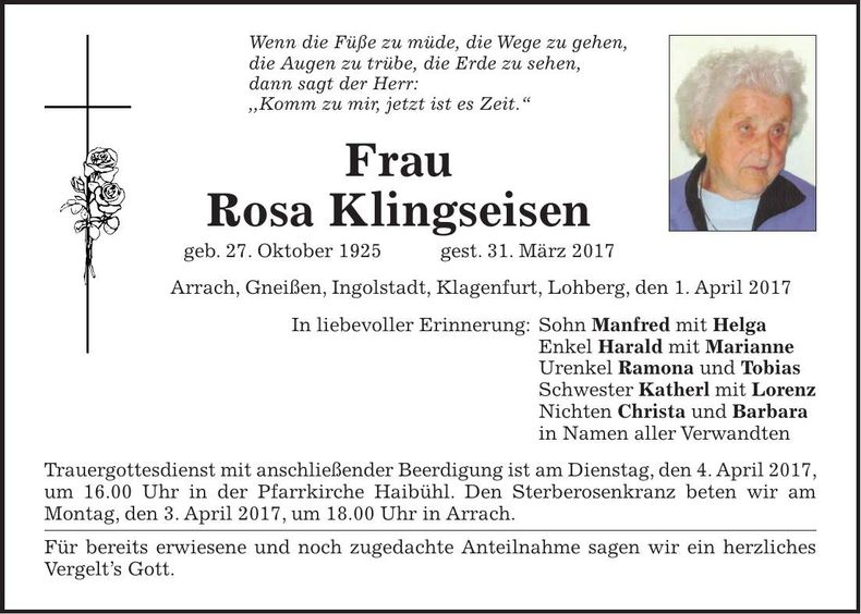 Traueranzeige Rosa Klingseisen