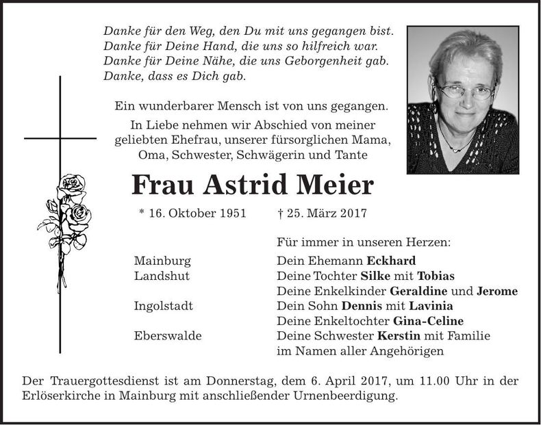 Traueranzeige Astrid Meier