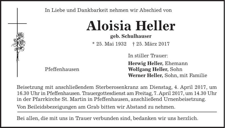 Traueranzeige Aloisia Heller