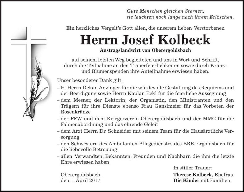 Traueranzeige Josef Kolbeck