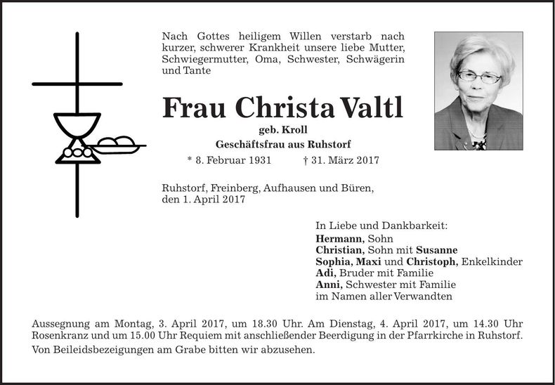 Traueranzeige Christa Valtl
