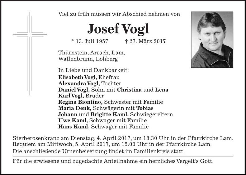 Traueranzeige Josef Vogl