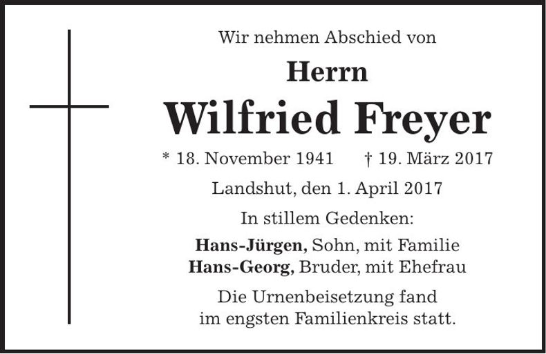 Traueranzeige Wilfried Freyer