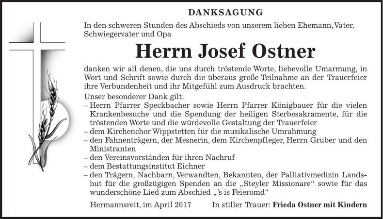 Traueranzeige Josef Ostner