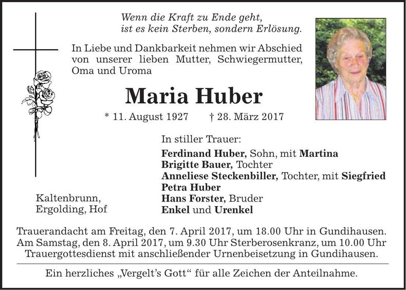 Traueranzeige Maria Huber
