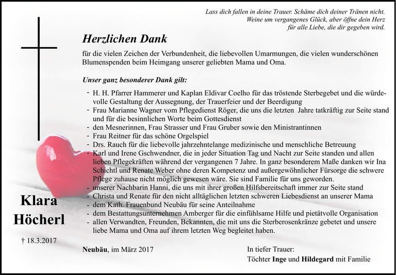 Traueranzeige Klara Höcherl