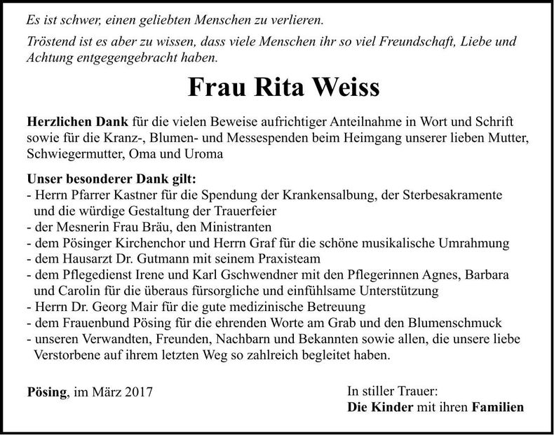 Traueranzeige Rita Weiss