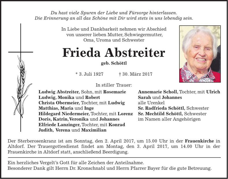 Traueranzeige Frieda Abstreiter