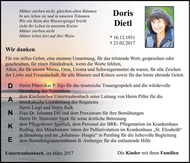 Traueranzeige Doris Dietl