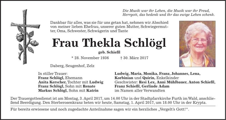 Traueranzeige Thekla Schlögl
