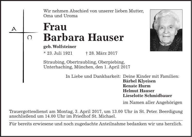 Traueranzeige Barbara Hauser