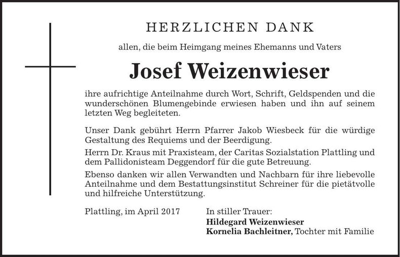 Traueranzeige Josef Weizenwieser