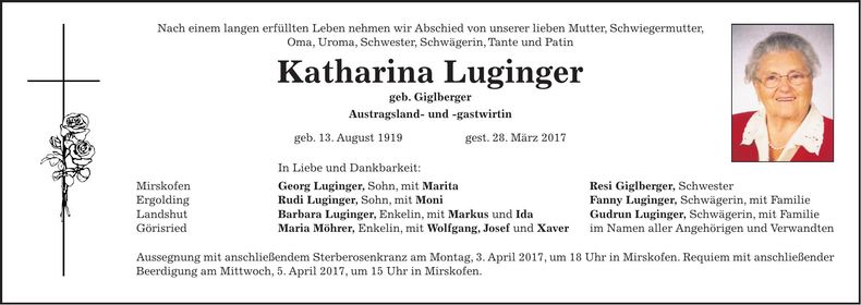 Traueranzeige Katharina Luginger