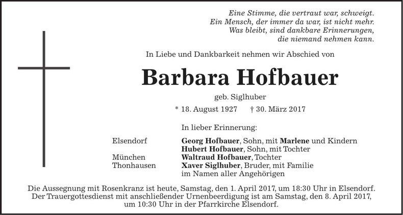 Traueranzeige Barbara Hofbauer