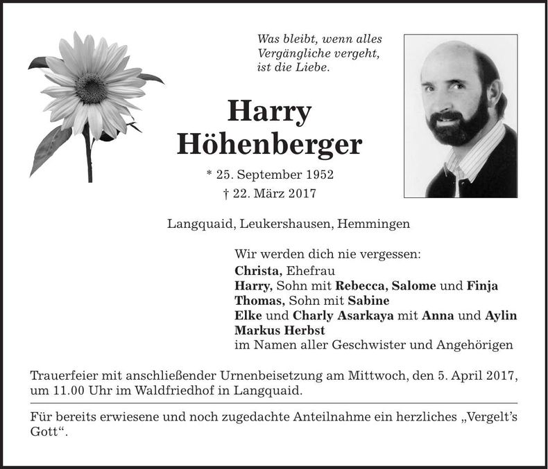 Traueranzeige Harry Höhenberger