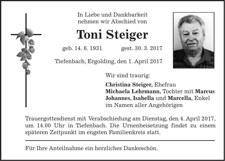 Traueranzeige Toni Steiger