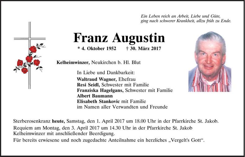 Traueranzeige Franz Augustin