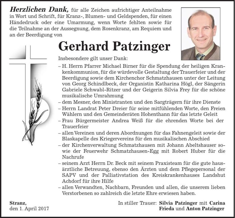 Traueranzeige Gerhard Patzinger