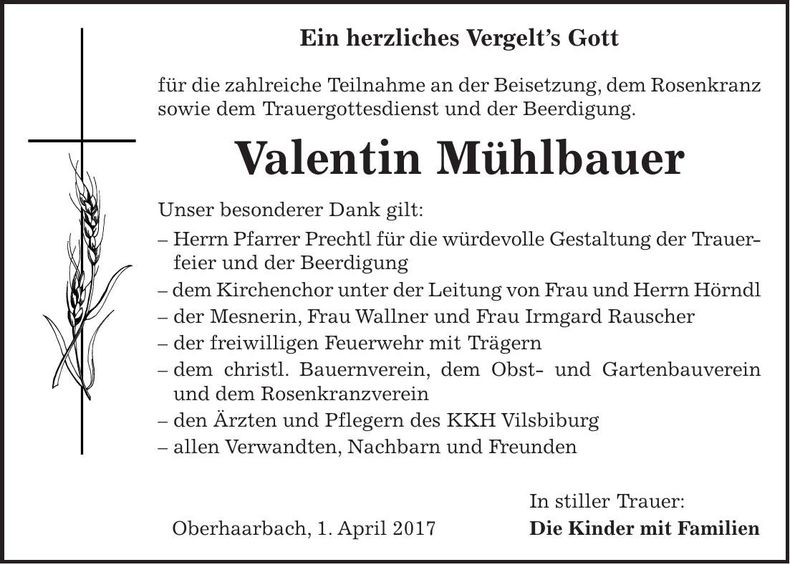 Traueranzeige Valentin Mühlbauer