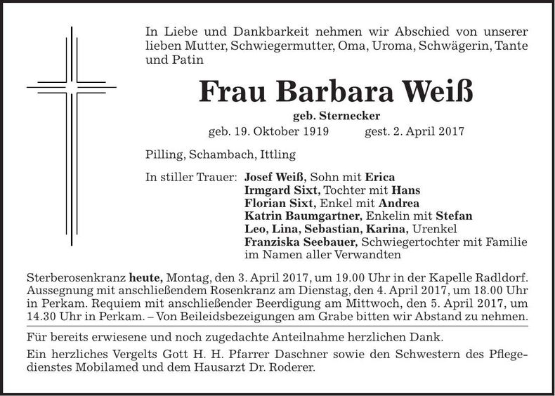 Traueranzeige Barbara Weiß