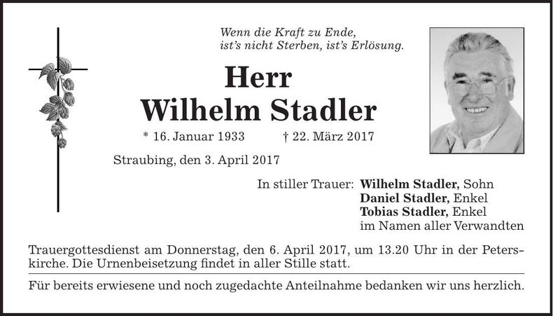 Traueranzeige Wilhelm Stadler