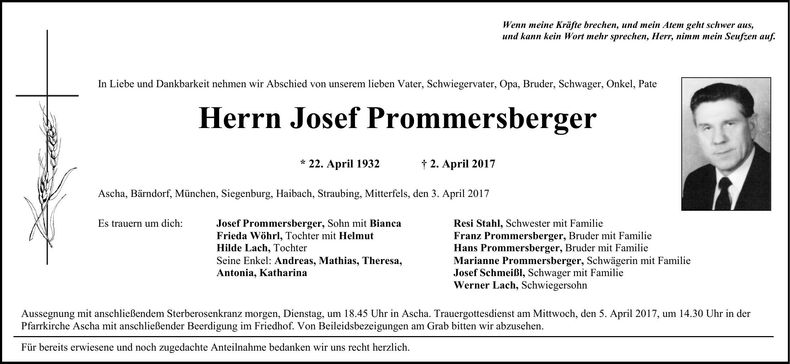 Traueranzeige Josef Prommersberger
