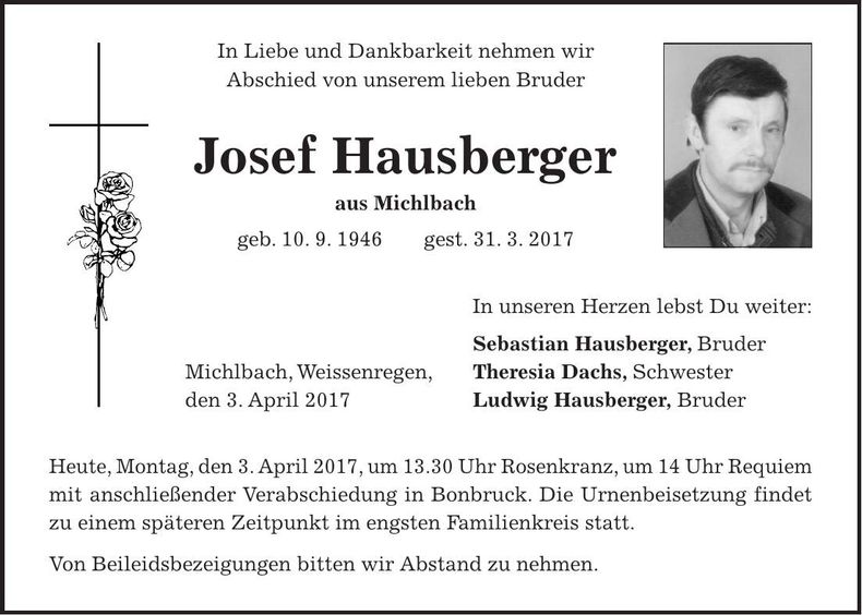 Traueranzeige Josef Hausberger