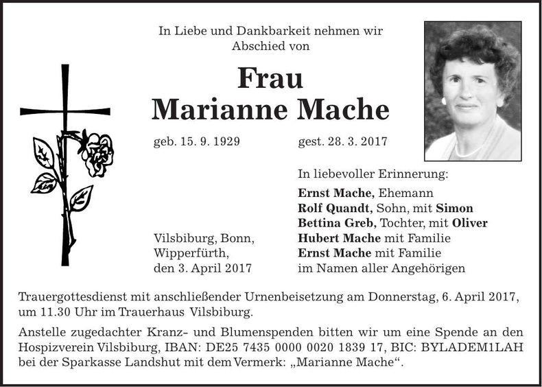 Traueranzeige Marianne Mache