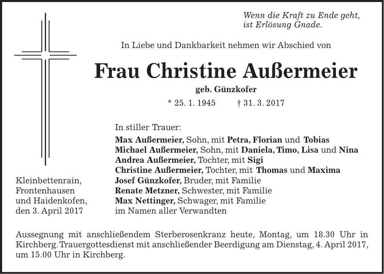 Traueranzeige Christine Außermeier