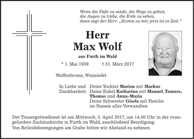 Traueranzeige Max Wolf