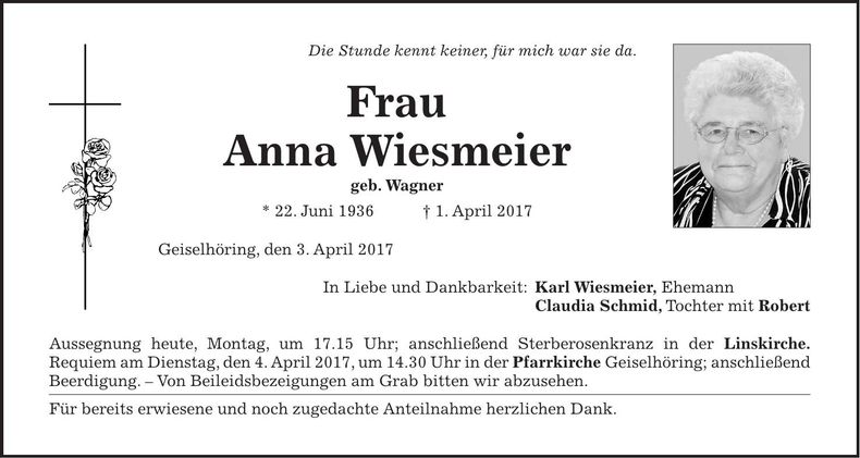 Traueranzeige Anna Wiesmeier