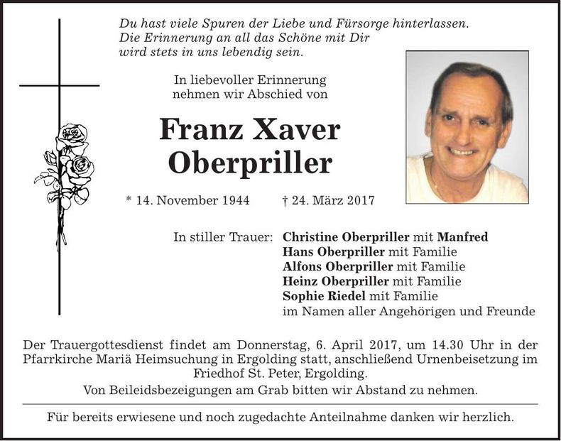 Traueranzeige Franz Xaver Oberpriller