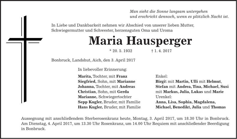 Traueranzeige Maria Hausperger