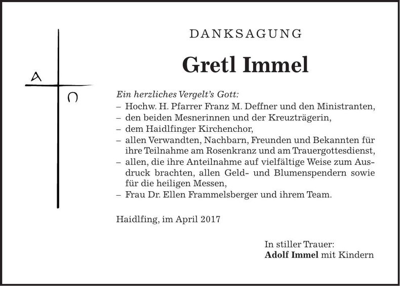 Traueranzeige Gretl Immel