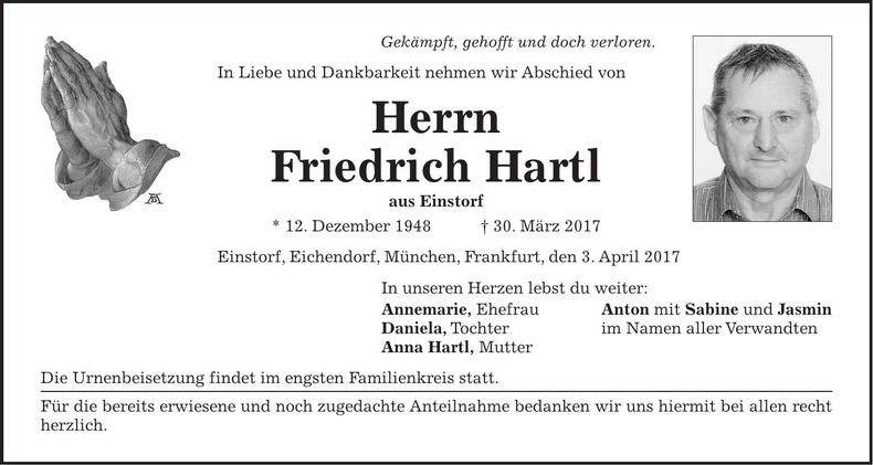 Traueranzeige Friedrich Hartl