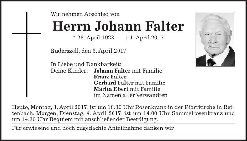 Traueranzeige Johann Falter