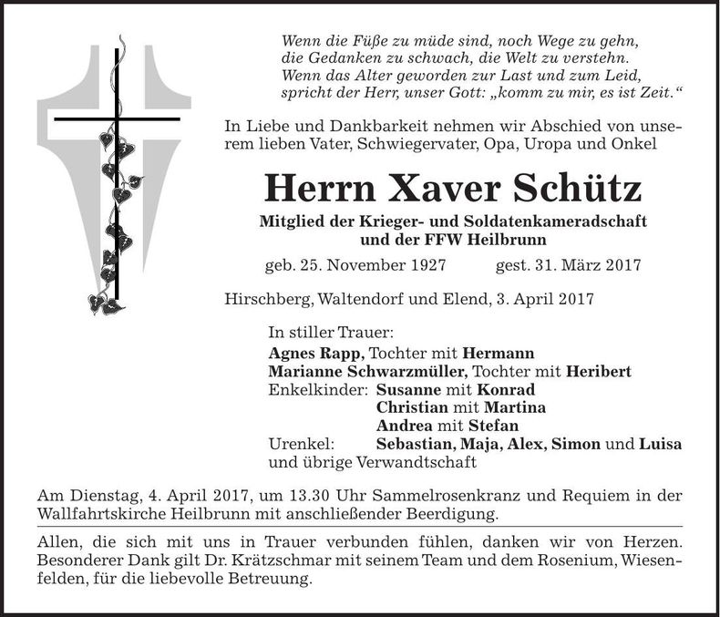 Traueranzeige Xaver Schütz
