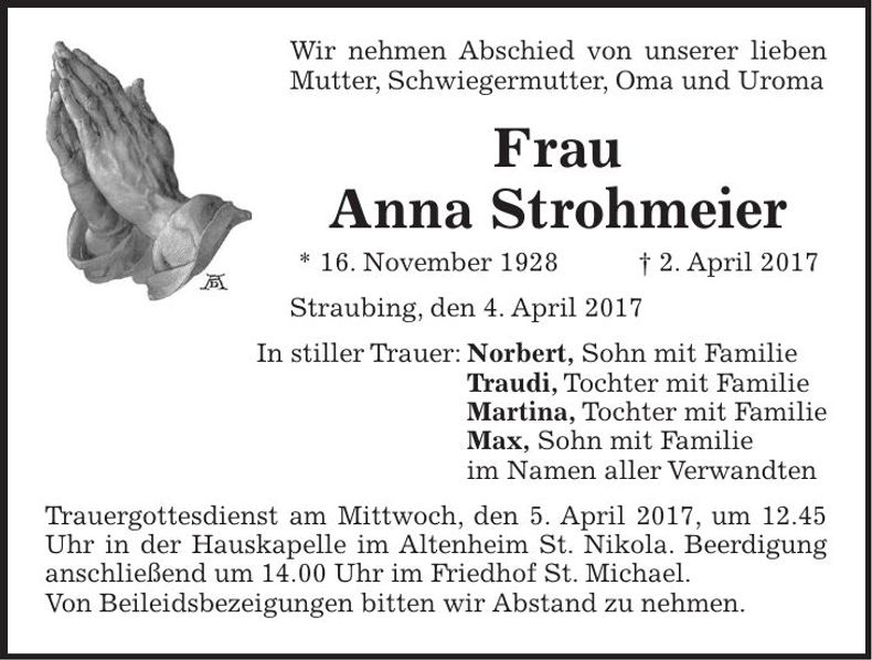 Traueranzeige Anna Strohmeier