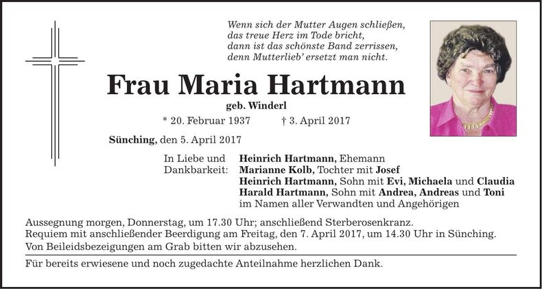 Traueranzeige Maria Hartmann