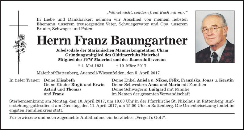 Traueranzeige Franz Baumgartner