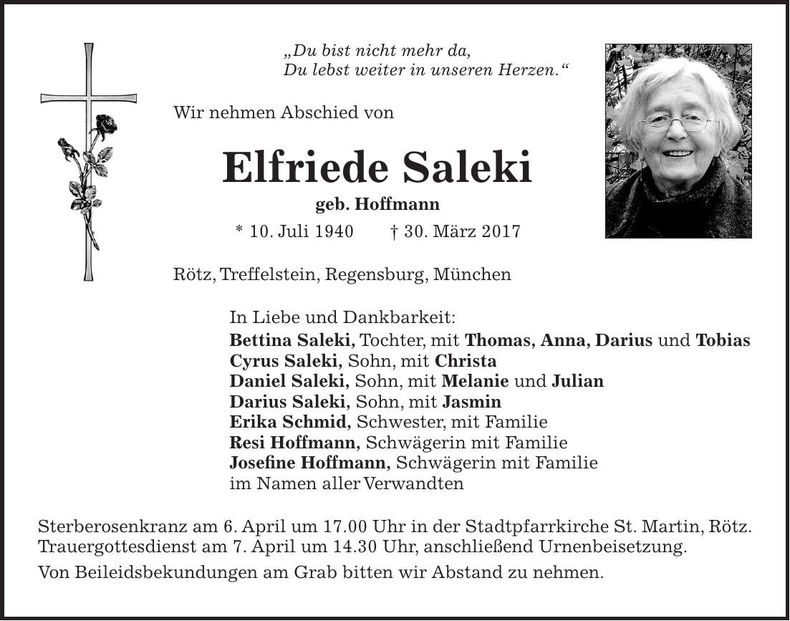 Traueranzeige Elfriede Saleki