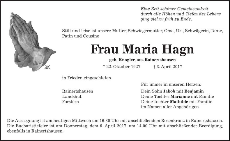 Traueranzeige Maria Hagn