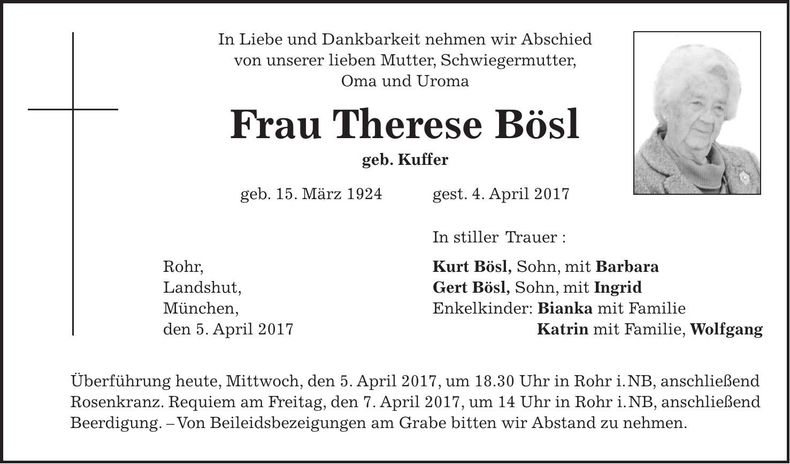 Traueranzeige Therese Bösl