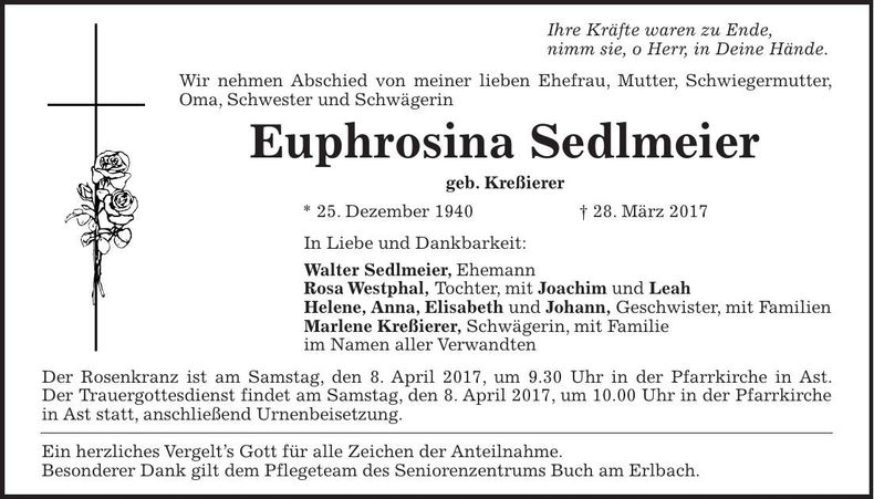 Traueranzeige Euphrosina Sedlmeier