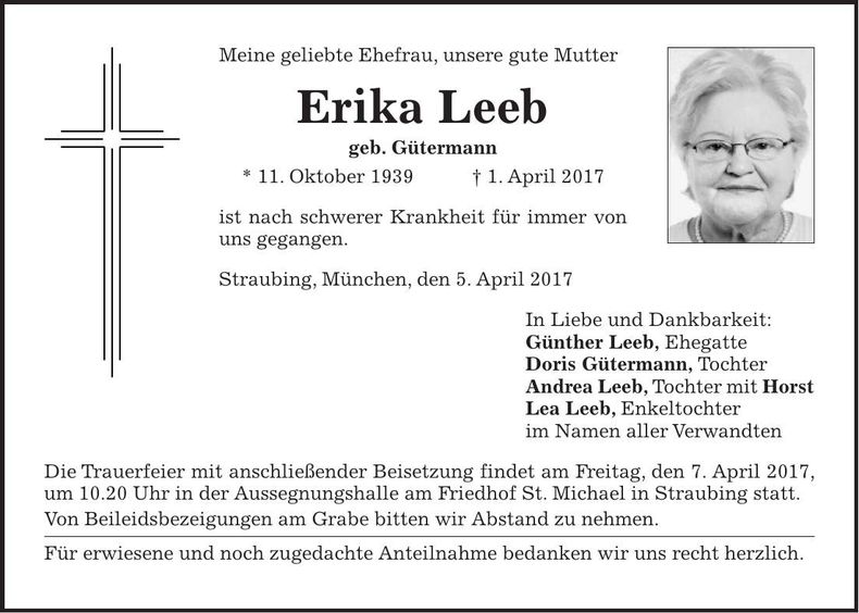 Traueranzeige Erika Leeb