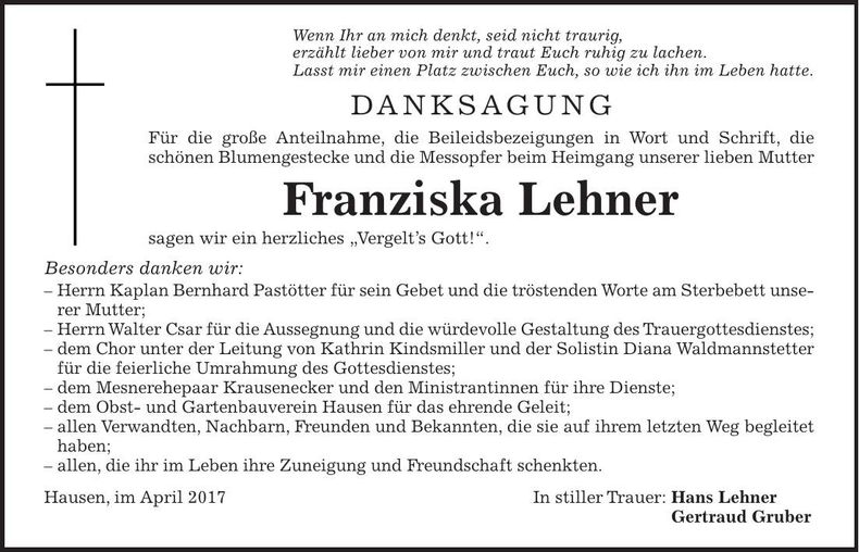 Traueranzeige Franziska Lehner